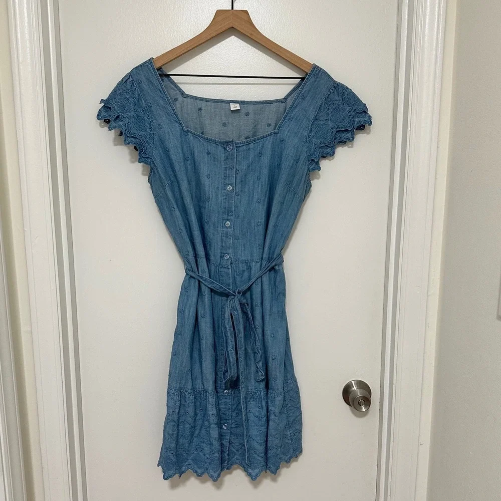 OLD NAVY | Blue Denim Chambray Embroidered Cutwork Eyelet Peasant Mini Dress, L - Picture 3 of 10